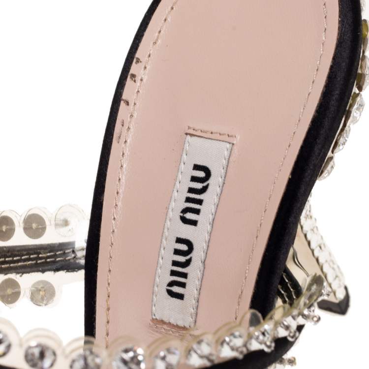 Pre Owned Miu Miu Black Crystals Embellished Satin and PVC Slide Sandals Size 40.5