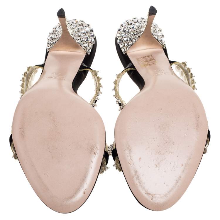 Pre Owned Miu Miu Black Crystals Embellished Satin and PVC Slide Sandals Size 40.5