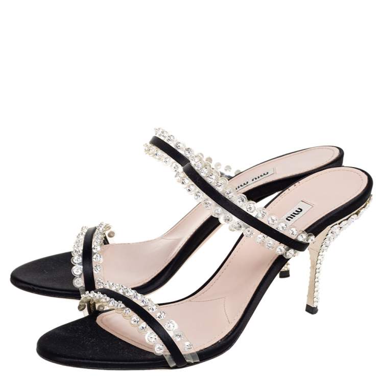 Pre Owned Miu Miu Black Crystals Embellished Satin and PVC Slide Sandals Size 40.5
