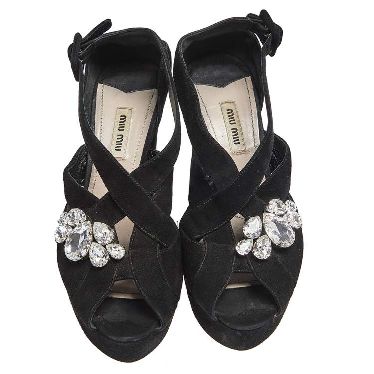 Pre Owned Miu Miu Black Suede Crystal Embellished Platform Sandals Size 40.5
