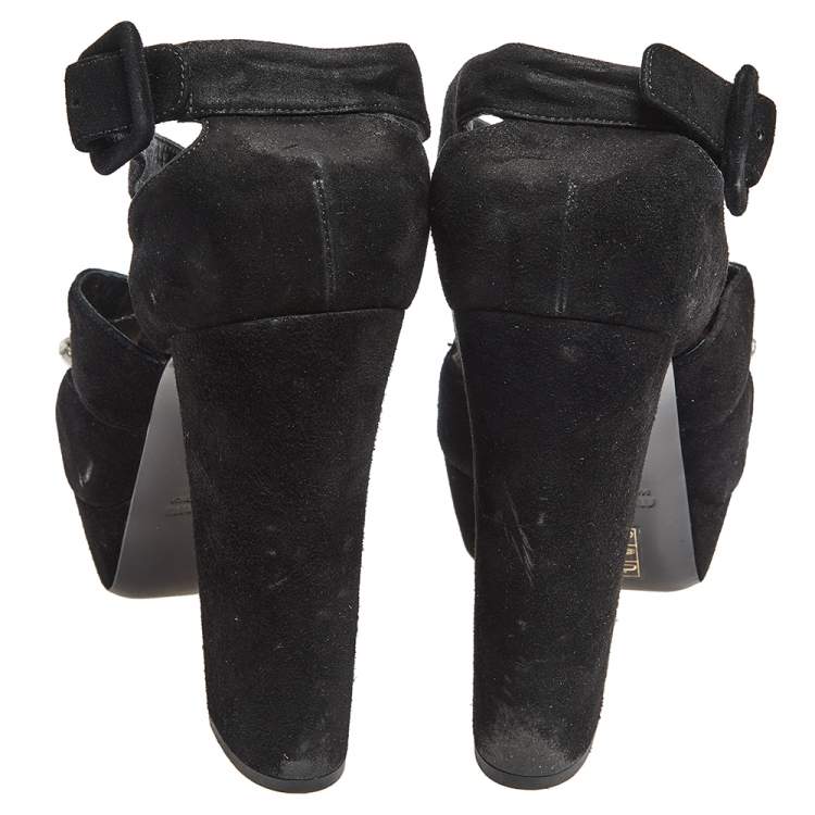 Pre Owned Miu Miu Black Suede Crystal Embellished Platform Sandals Size 40.5
