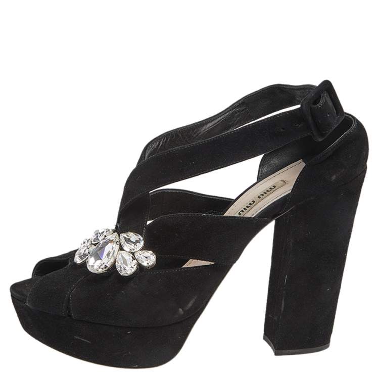 Pre Owned Miu Miu Black Suede Crystal Embellished Platform Sandals Size 40.5