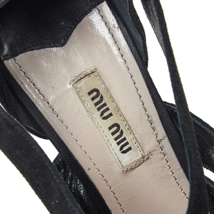 Pre Owned Miu Miu Black Suede Crystal Embellished Platform Sandals Size 40.5