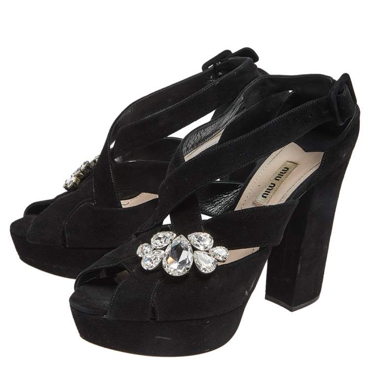 Pre Owned Miu Miu Black Suede Crystal Embellished Platform Sandals Size 40.5