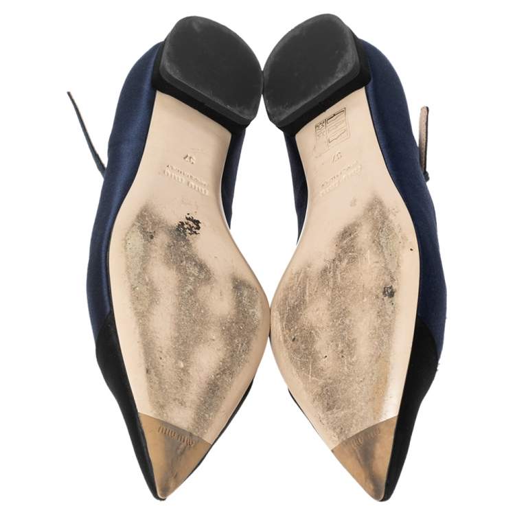 Pre Owned Miu Miu Blue/Black Satin Crystal Embellished Mary Jane Pointed Toe Ballet Flats Size 37