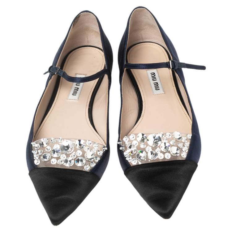 Pre Owned Miu Miu Blue/Black Satin Crystal Embellished Mary Jane Pointed Toe Ballet Flats Size 37