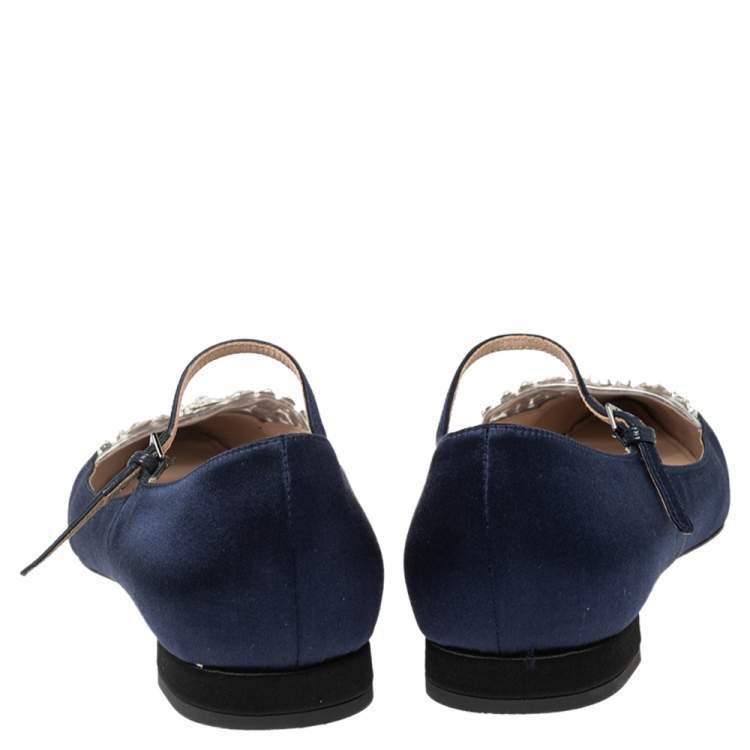 Pre Owned Miu Miu Blue/Black Satin Crystal Embellished Mary Jane Pointed Toe Ballet Flats Size 37