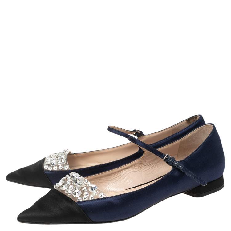 Pre Owned Miu Miu Blue/Black Satin Crystal Embellished Mary Jane Pointed Toe Ballet Flats Size 37