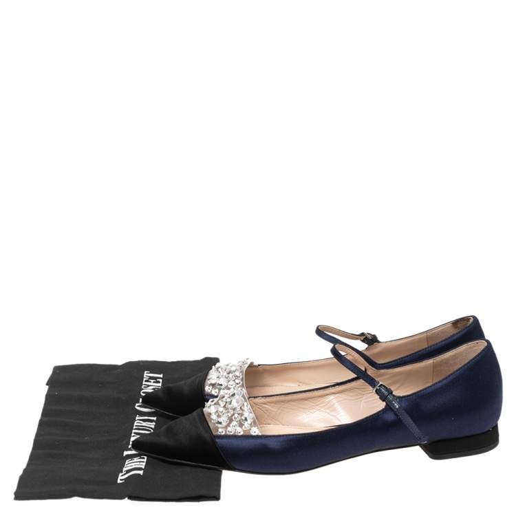 Pre Owned Miu Miu Blue/Black Satin Crystal Embellished Mary Jane Pointed Toe Ballet Flats Size 37