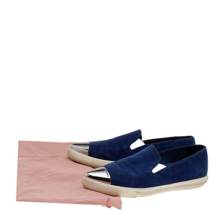 Pre Owned Miu Miu Blue Suede Metal Cap Toe Slip On Sneakers Size 36