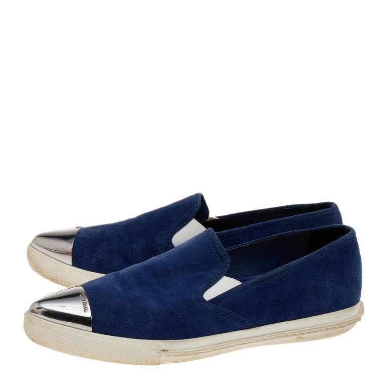 Pre Owned Miu Miu Blue Suede Metal Cap Toe Slip On Sneakers Size 36