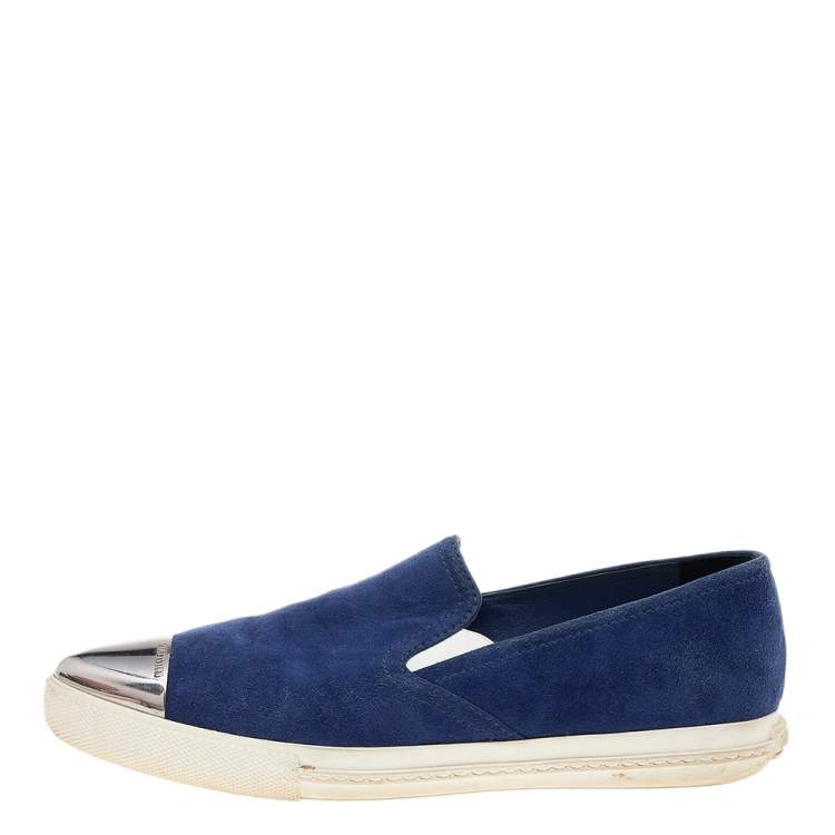 Pre Owned Miu Miu Blue Suede Metal Cap Toe Slip On Sneakers Size 36