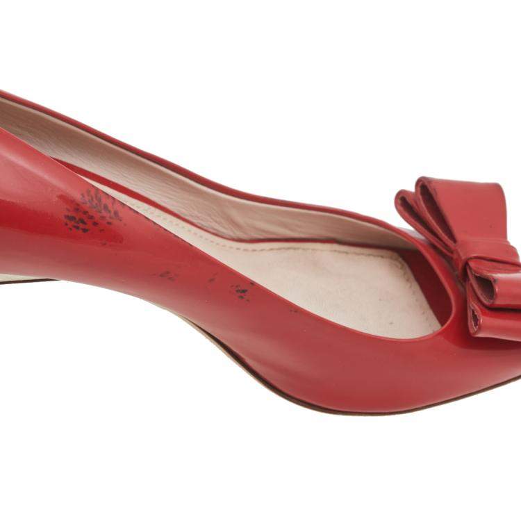 Pre Owned Miu Miu Red Patent Leather Bow And Crystal Embellished Heel Peep Toe Pumps 38