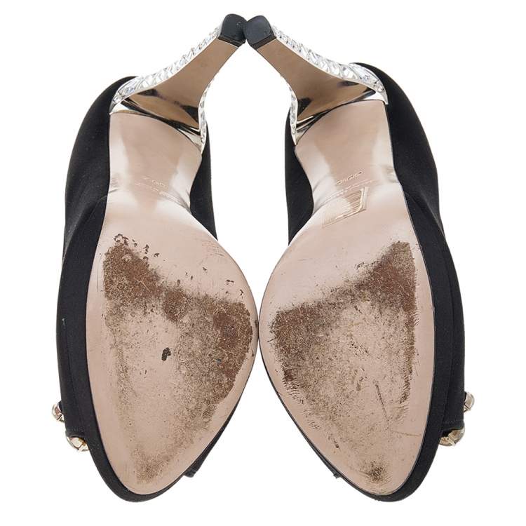 Pre Owned Miu Miu Black Satin Jewel Embellished Peep Toe Platform Pumps Size 39.5