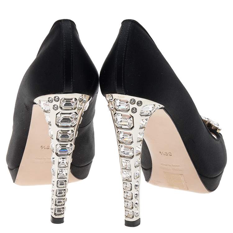 Pre Owned Miu Miu Black Satin Jewel Embellished Peep Toe Platform Pumps Size 39.5