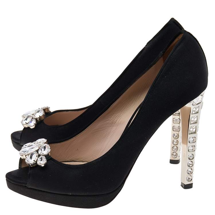 Pre Owned Miu Miu Black Satin Jewel Embellished Peep Toe Platform Pumps Size 39.5