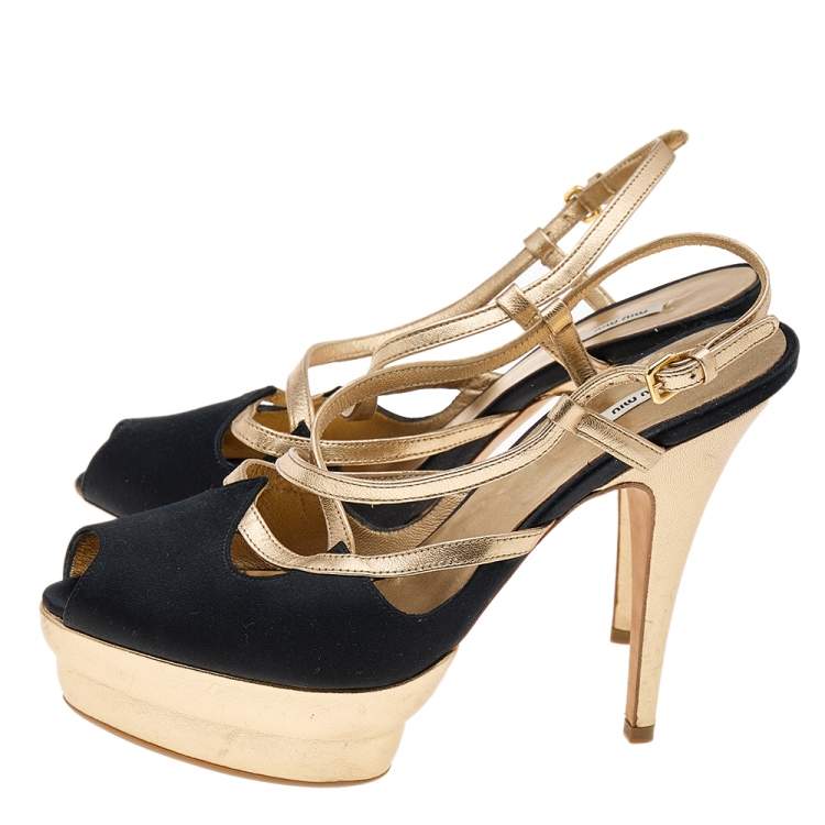 Pre Owned Miu Miu Black/Gold Satin And Leather Platform Slingback Sandals Size 37.5