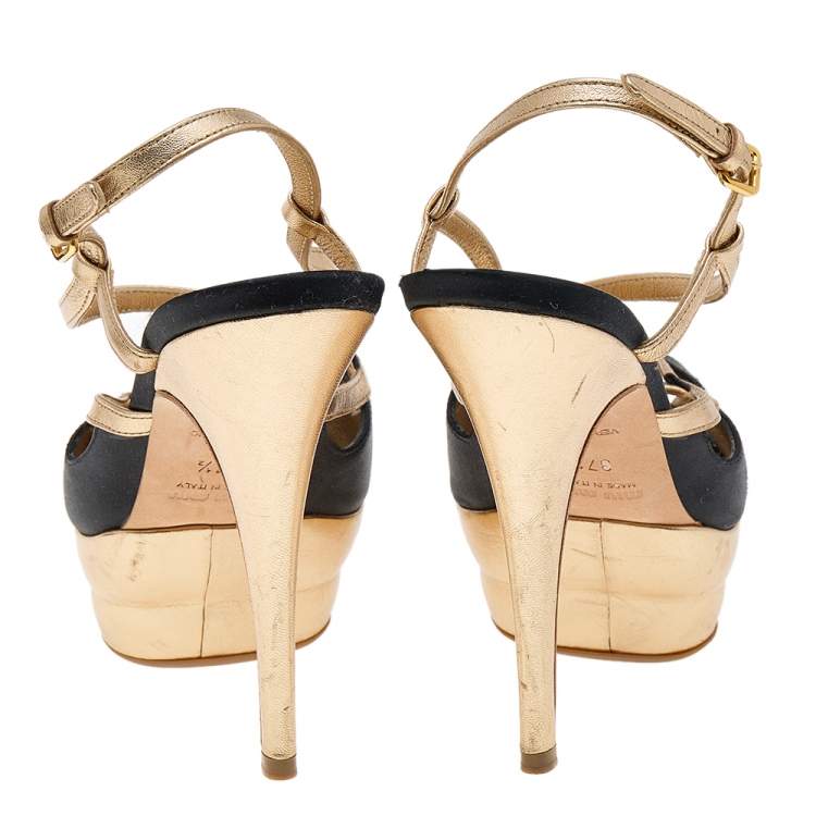 Pre Owned Miu Miu Black/Gold Satin And Leather Platform Slingback Sandals Size 37.5