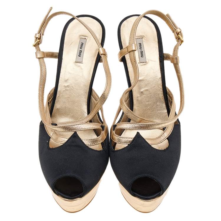 Pre Owned Miu Miu Black/Gold Satin And Leather Platform Slingback Sandals Size 37.5