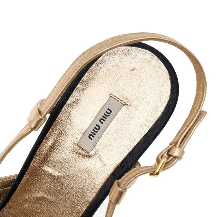 Pre Owned Miu Miu Black/Gold Satin And Leather Platform Slingback Sandals Size 37.5
