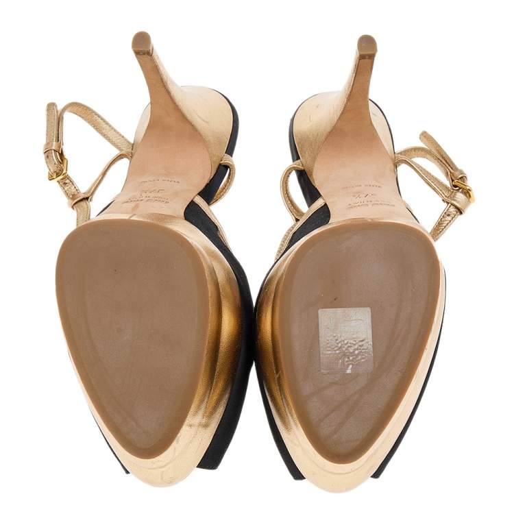 Pre Owned Miu Miu Black/Gold Satin And Leather Platform Slingback Sandals Size 37.5