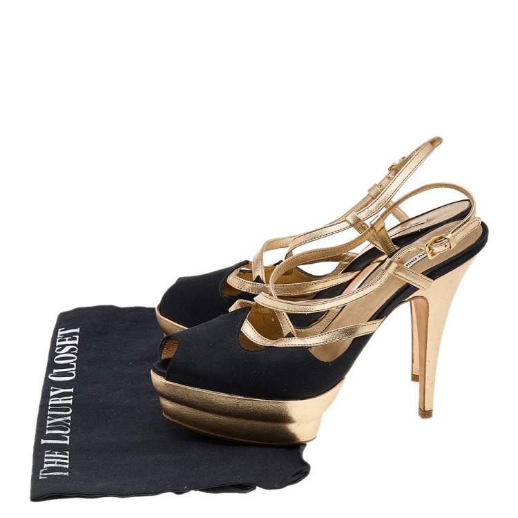 Pre Owned Miu Miu Black/Gold Satin And Leather Platform Slingback Sandals Size 37.5