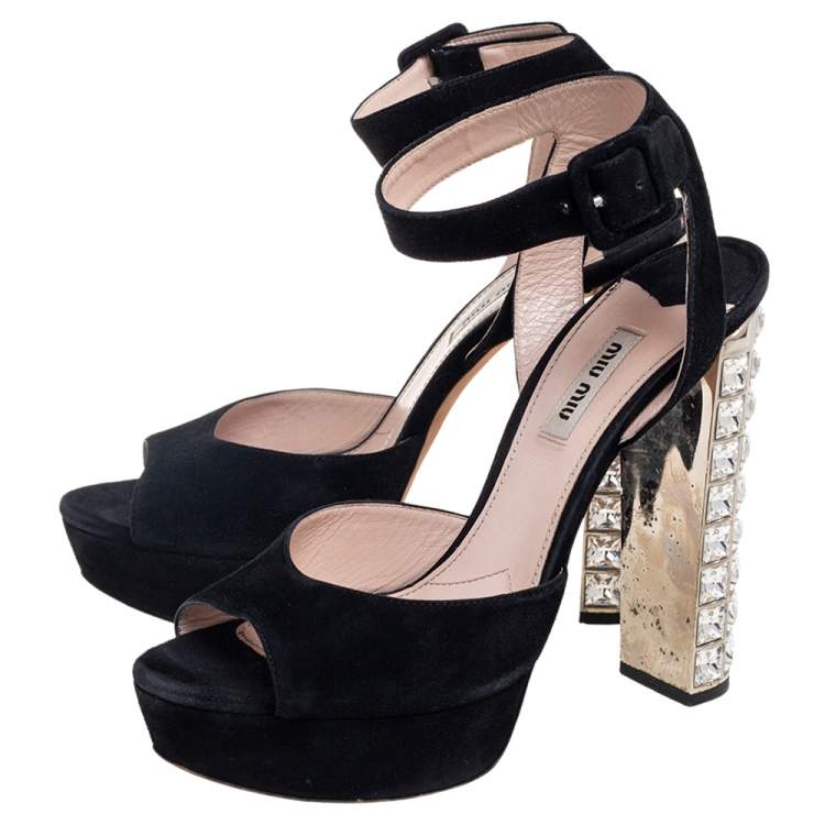 Pre Owned Miu Miu Black Suede Embellished Block Heel Peep Toe Platform Ankle Strap Sandals Size 39.5