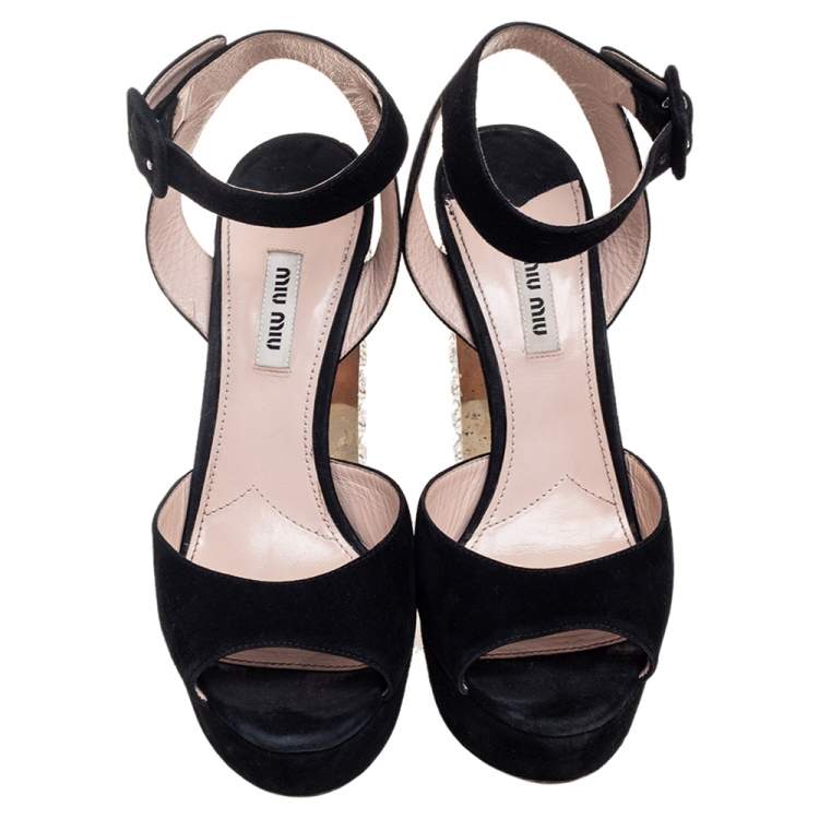 Pre Owned Miu Miu Black Suede Embellished Block Heel Peep Toe Platform Ankle Strap Sandals Size 39.5