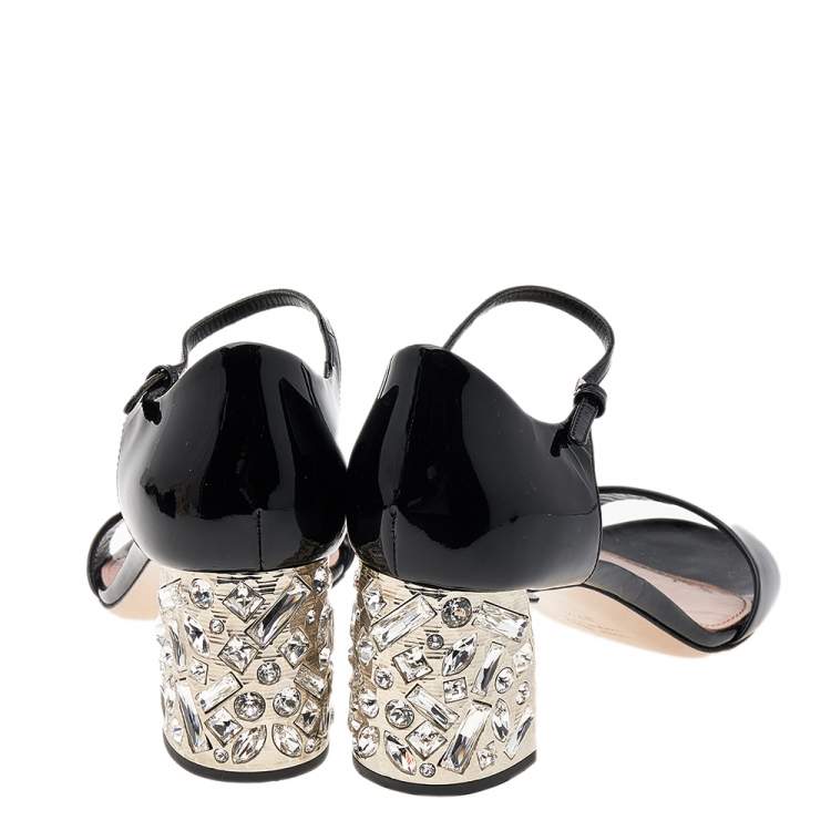 Pre Owned Miu Miu Black Patent Leather Crystal Embellished Block Heel Ankle Strap Sandals Size 37.5