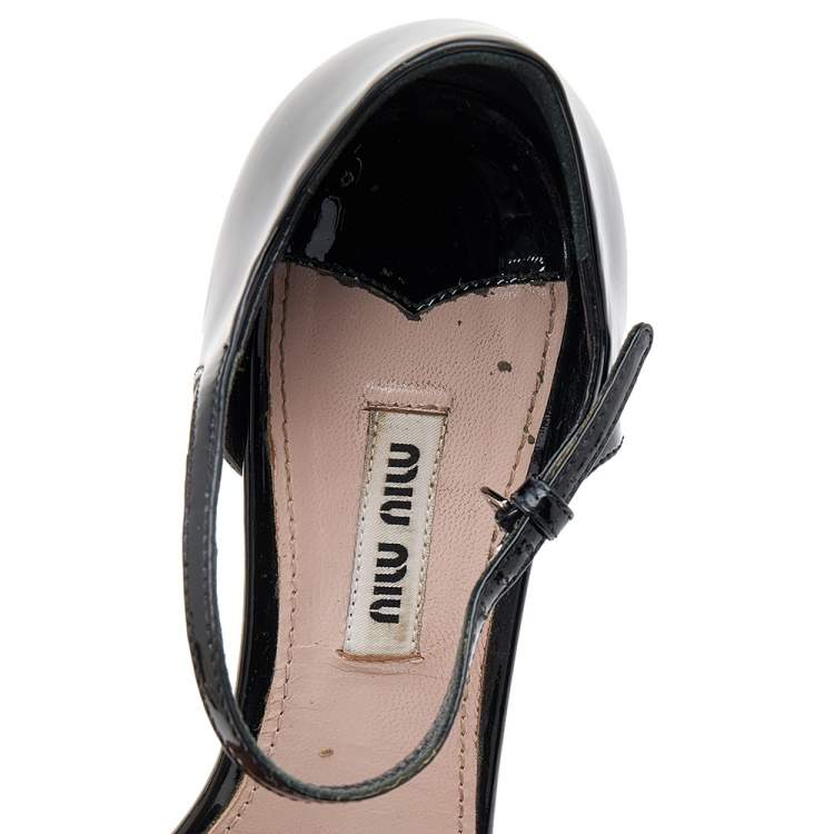 Pre Owned Miu Miu Black Patent Leather Crystal Embellished Block Heel Ankle Strap Sandals Size 37.5