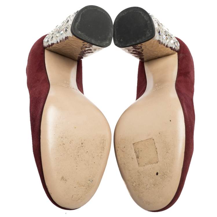 Pre Owned Miu Miu Burgundy Suede Crystal Embellished Block Heel Pumps Size 35