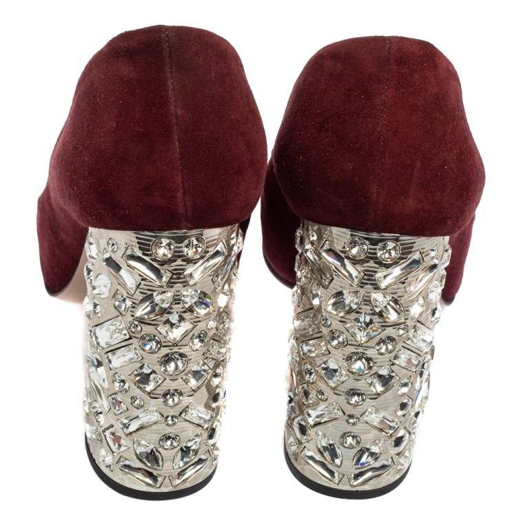 Pre Owned Miu Miu Burgundy Suede Crystal Embellished Block Heel Pumps Size 35
