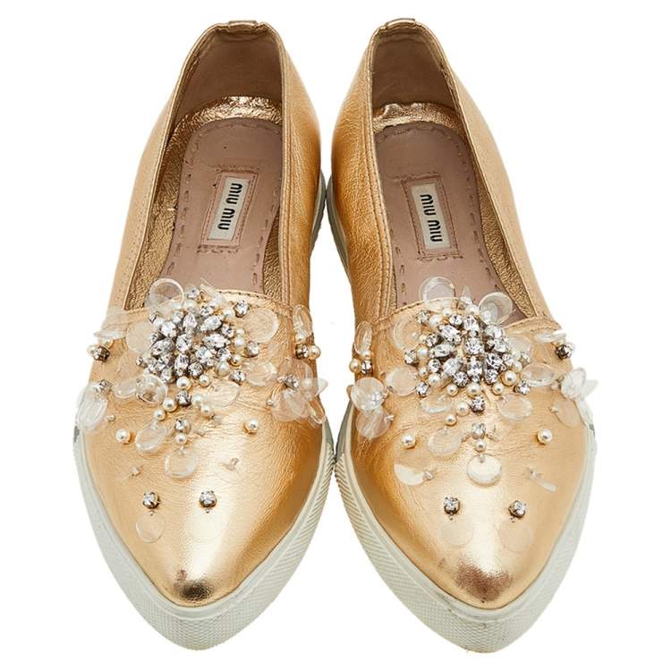 Pre Owned Miu Miu Metallic Gold Leather Embellished Pointed Toe Slip On Sneakers Size 38