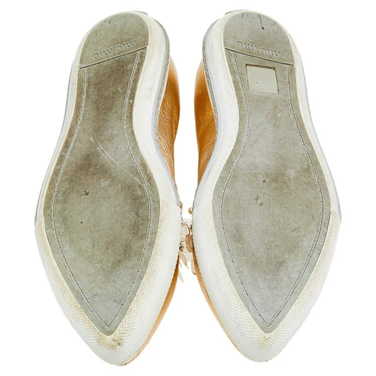 Pre Owned Miu Miu Metallic Gold Leather Embellished Pointed Toe Slip On Sneakers Size 38