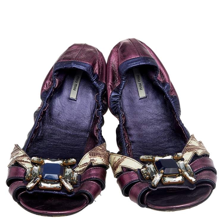 Pre Owned Miu Miu Multicolor Leather Crystal Embellished Flats Size 41