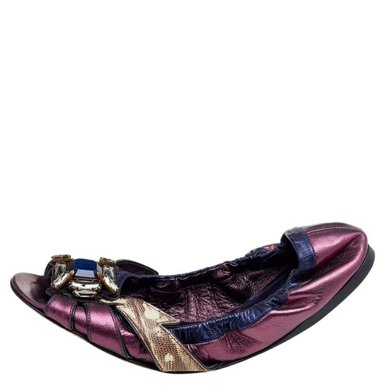 Pre Owned Miu Miu Multicolor Leather Crystal Embellished Flats Size 41