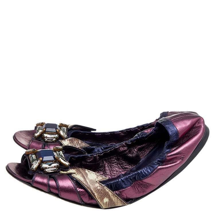 Pre Owned Miu Miu Multicolor Leather Crystal Embellished Flats Size 41