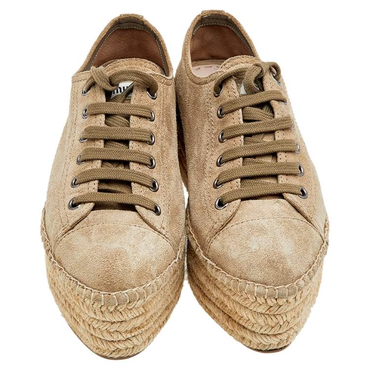 Pre Owned Miu Miu Beige Suede Espadrille Platform Sneakers Size 35