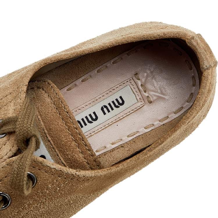 Pre Owned Miu Miu Beige Suede Espadrille Platform Sneakers Size 35