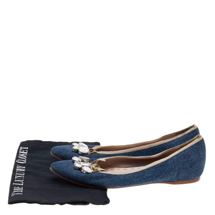 Pre Owned Miu Miu Blue Denim Crystal Embellished Ballet Flats Size 41