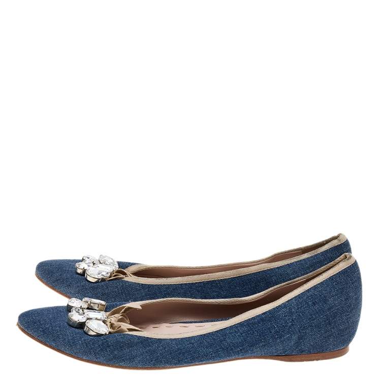 Pre Owned Miu Miu Blue Denim Crystal Embellished Ballet Flats Size 41