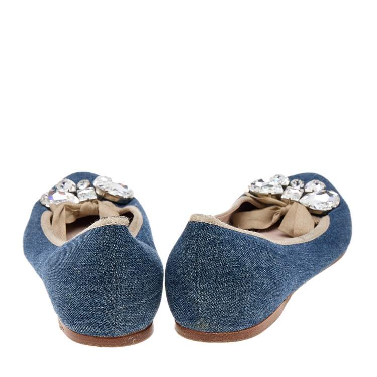 Pre Owned Miu Miu Blue Denim Crystal Embellished Ballet Flats Size 41