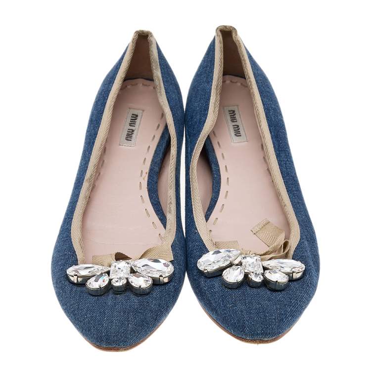 Pre Owned Miu Miu Blue Denim Crystal Embellished Ballet Flats Size 41