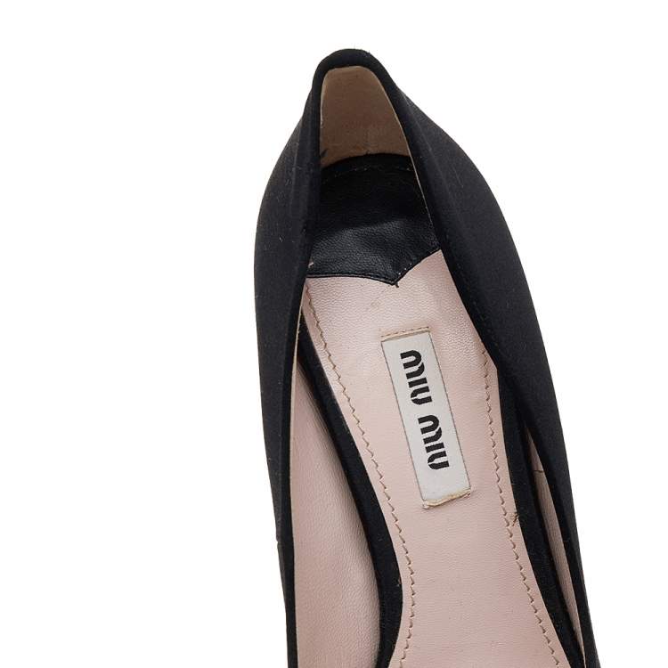 Pre Owned Miu Miu Black Satin Crystal Embellished Peep Toe Pumps Size 37.5