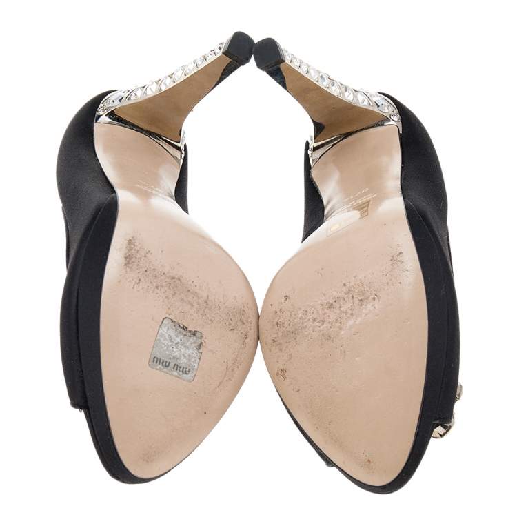 Pre Owned Miu Miu Black Satin Crystal Embellished Peep Toe Pumps Size 37.5