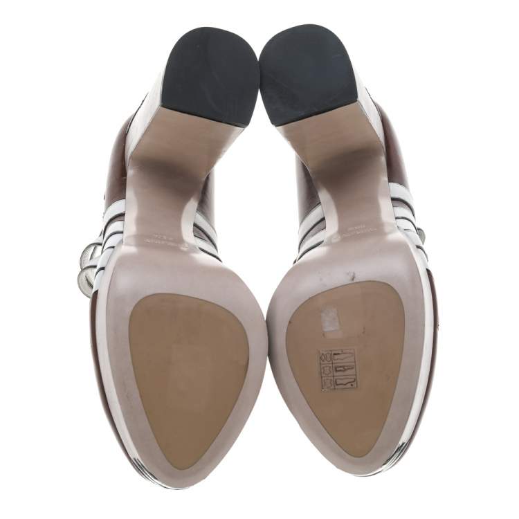 Pre Owned Miu Miu Brown/White Leather Mary Jane Strap Pumps Size 39.5