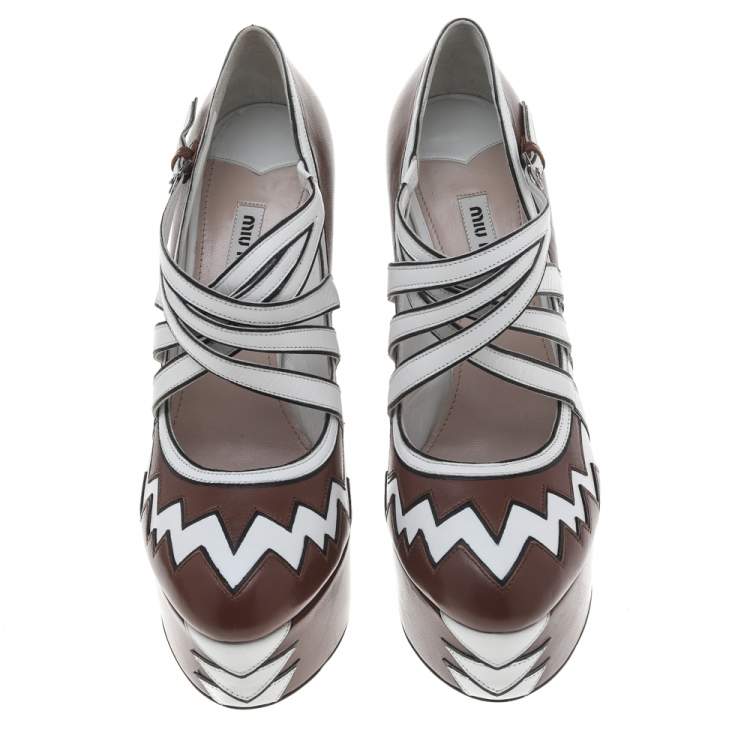 Pre Owned Miu Miu Brown/White Leather Mary Jane Strap Pumps Size 39.5