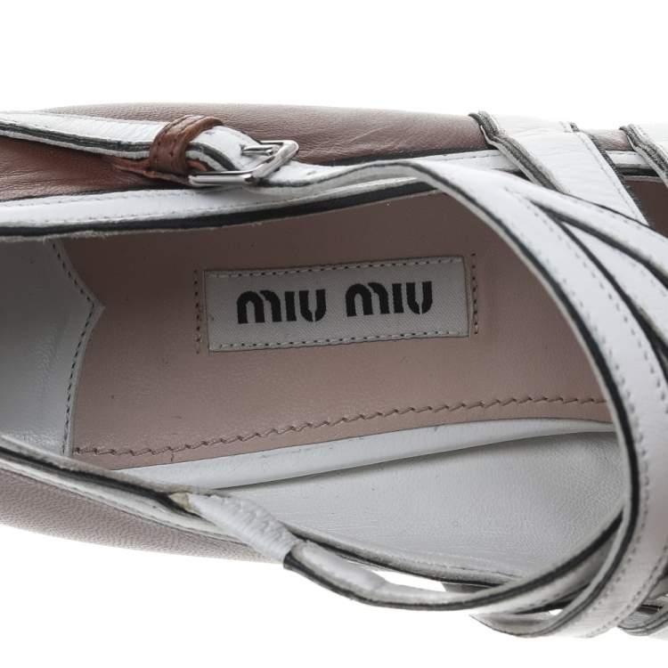 Pre Owned Miu Miu Brown/White Leather Mary Jane Strap Pumps Size 39.5