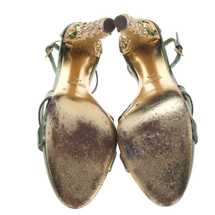 Pre Owned Miu Miu Metallic Green Leather T Strap Sandals Size 40.5