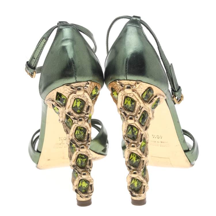 Pre Owned Miu Miu Metallic Green Leather T Strap Sandals Size 40.5